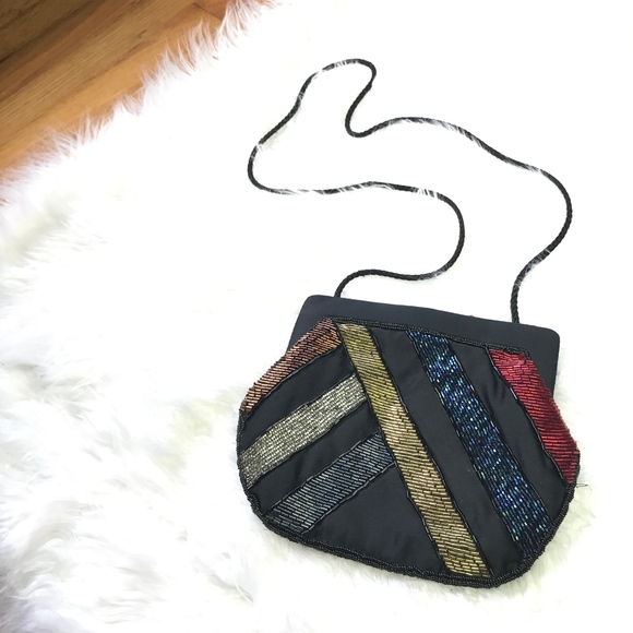 True Vintage La Regale Black Satin Beaded Handbag - Picture 5 of 8